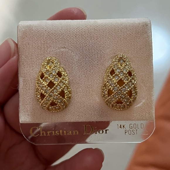 Vintage NWT Christian Dior Lace Hollow Rhinestone 14k Gold Post Pierced Earrings